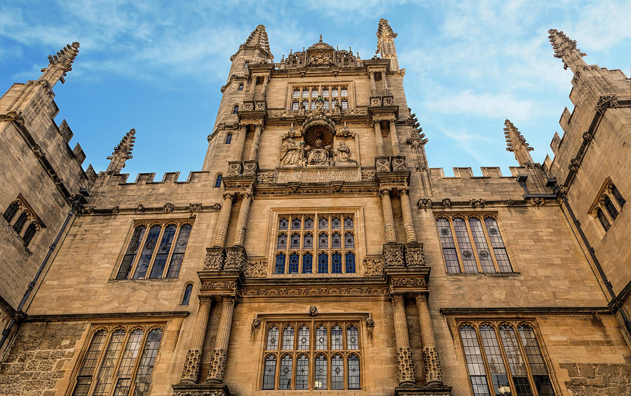 Looking up at the facade of the Old Library of the Bodleian Library, Oxford