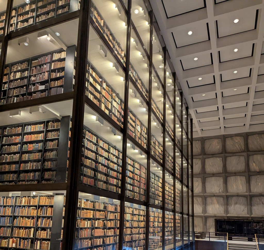 An image of the book stacks at the Beineke Library, Yale University